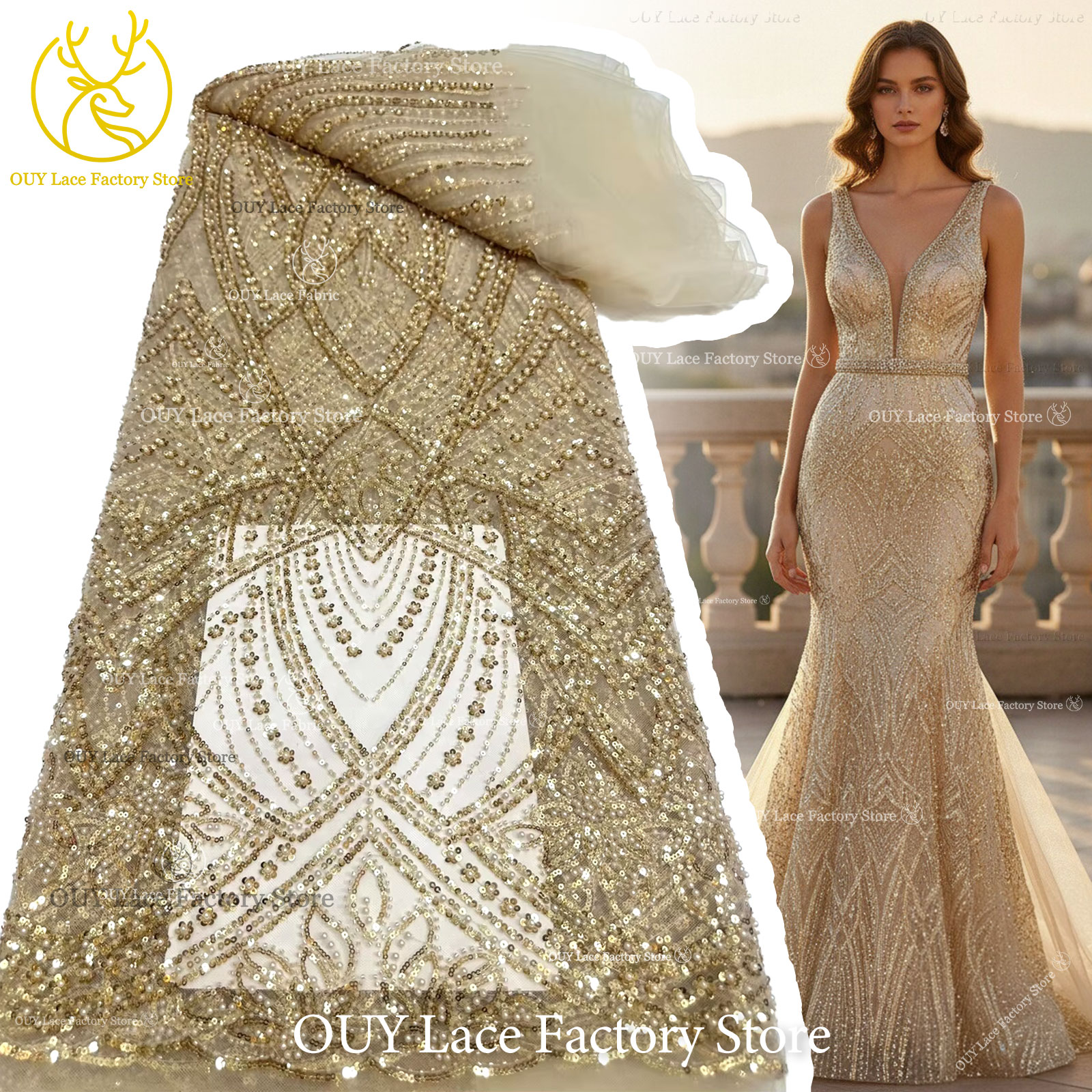 Glitter Tablecloth - African Gold Beaded Lace Fabric 2026